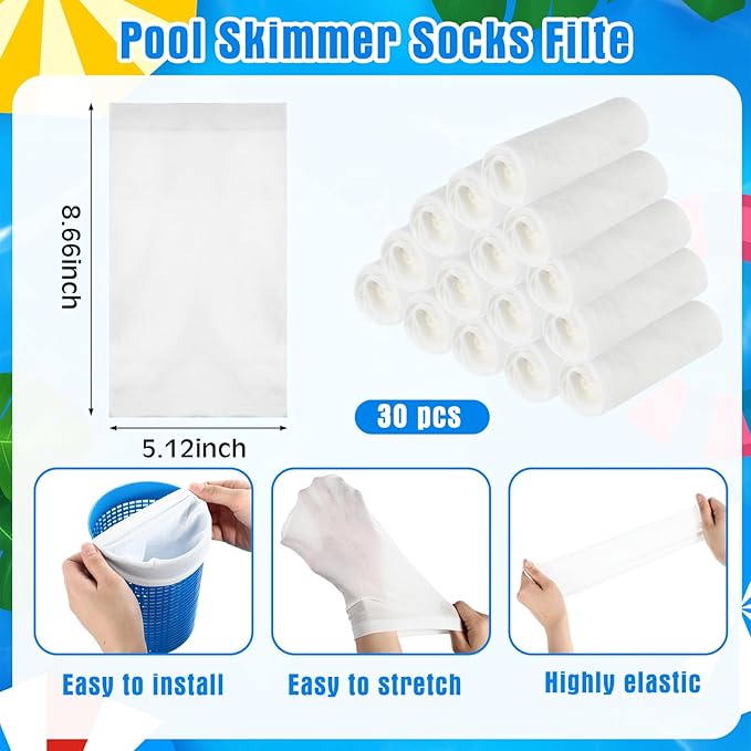 Tujoe Above Ground Pool Skimmer with 30 Socks Cleaning Filter Socks, Adjustable Wall Mount Surface Skimmer, Auto Skim Pool Leaves & Fine Debris Maintenance Kit