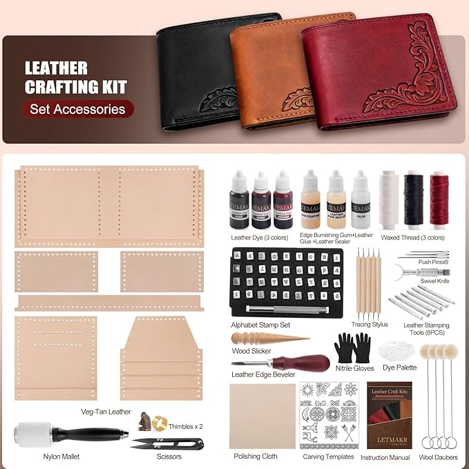 Leather Working Kit with Cowhide and Paint Set | Men's Wallet DIY Kit, Leather Crafting Tools, Hobbies for Women and Men, Art and Crafts for Adults