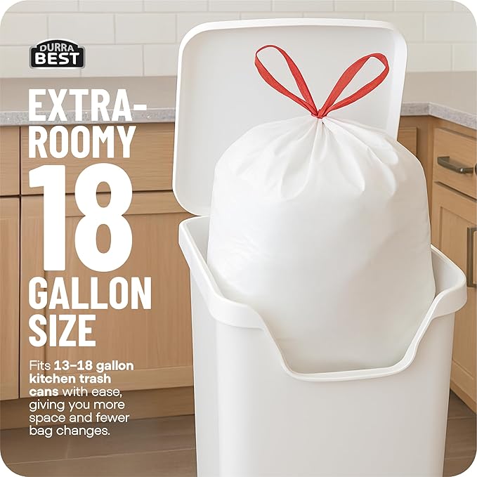 Heavy-Duty Trash Bags – 120 count, 18 Gallon White, Ultra Thick Drawstring Garbage Bags – Leak-Resistant for Home & Commercial Use, Big Trash Bags, Made in USA