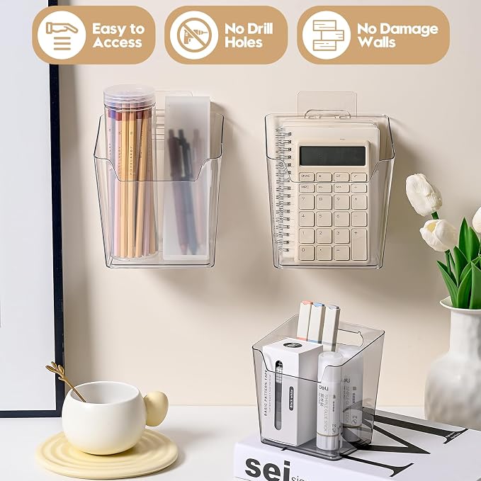 6 Pack Drink Packet Organizer, Clear Acrylic Cabinet Door Organizer Adhesive, Wall Mount Caddy Utensil Holder Floating Bin for Tea Bag Kcup Storage, Sewing Tools, Laundry Pods, Small Cleaning Supply