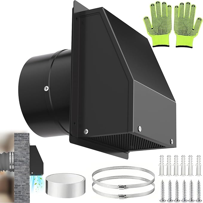 10 Inch Hooded Wall Vent Cover with Screen and Damper, Galvanized Steel Outdoor Wall Exhaust Vent Cover Cap Black for Dryer Bathroom Fan Range Hood HVAC Duct Ventilation (Includes Tape & Clamps)
