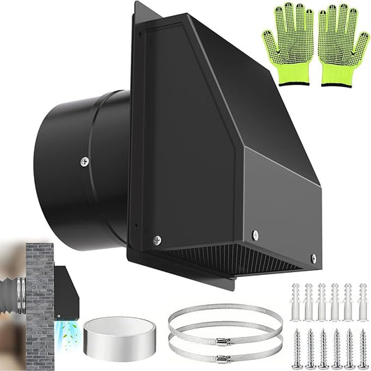 10 Inch Hooded Wall Vent Cover with Screen and Damper, Galvanized Steel Outdoor Wall Exhaust Vent Cover Cap Black for Dryer Bathroom Fan Range Hood HVAC Duct Ventilation (Includes Tape & Clamps)