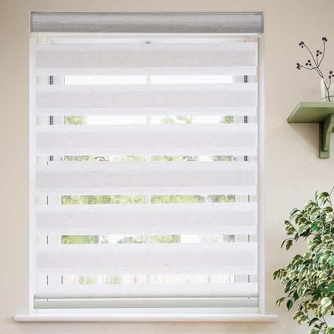 MYshade Roller Shades Zebra Blinds for Indoor Windows Cordless Day and Night Light Filtering Dual Layer Roller Window Blinds & Shades, Easy to Install, 34.5" W x 72" H, Linen Style