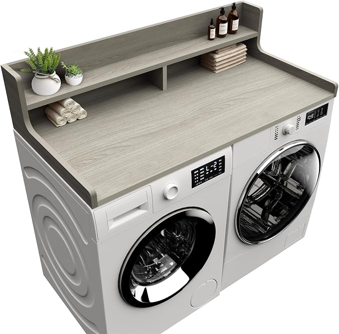 Washer Dryer Countertop, 54" x 27.55" 2-Tier Washer Dryer Topper with Edge, for Laundry Room Organization Pale Grey Wood