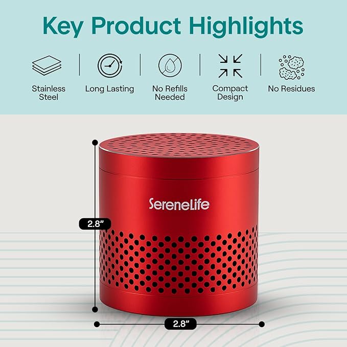 SereneLife Fridge Deodorizer & Odor Eliminator, Multi-Use Refrigerator Deodorizer Aluminum Pod for Freezer, Closet, Car, Shoes & Enclosed Spaces, Compact, Reusable & Lasts Up to 10 Years (Red)