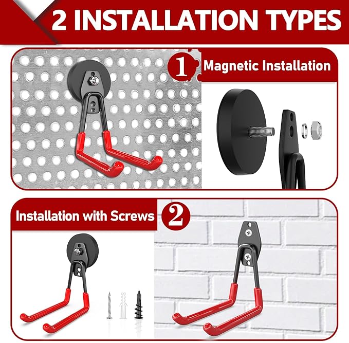 3-H Extra Strong Magnetic Hooks,Heavy Duty Large Anti-Slip Magnet Hooks U Shape,No-Drill Tool Holder for Garage,Power Drill,Garden Tools,Hose Storage,4 Pack Red