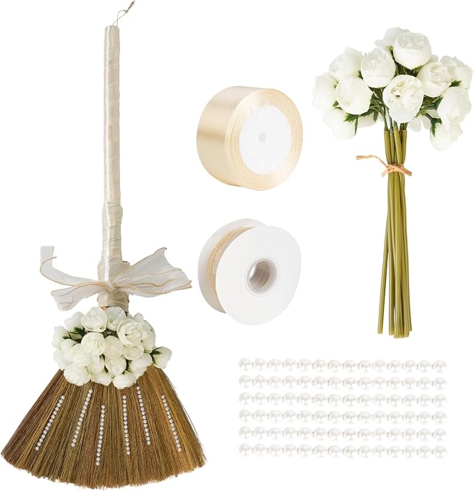 Detachable DIY Wedding Jump Broom Kit, African American Jumping the Broom Ceremony Decor, Collapsible Ceremonial Straw Broom with Faux Flower Bouquet, Lace Trim & Satin Ribbons, Pearls