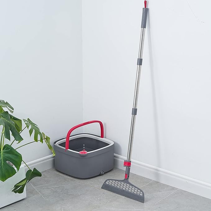 Spin Mop and Bucket with Separate Compartments for Clean and Dirty Water NEW 2025 Upgraded w/Side Brush, Self Standing Handle, Silicone Sweeper Mop Head, 2 Machine Washable Microfiber Pads
