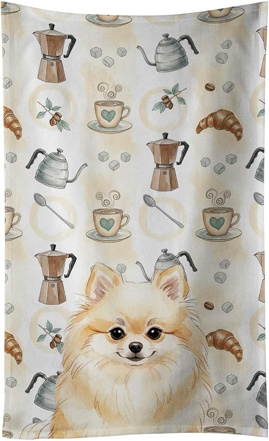 Caroline's Treasures Cream Pomeranian Coffee Bar Kitchen Towel Velour Plush Front and Cotton Loop Back Machine Washable