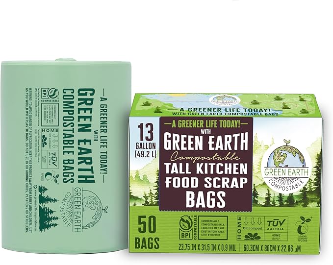 Green Earth Compostable Tall Kitchen Food Scrap Trash Bags, Superior Strength 0.9 Mil, Compost Bin Compatible, 13 Gallon, 49 Liter, 50-Count, ASTM D6400, BPI (US) & OK Compost Home (EU) Certified