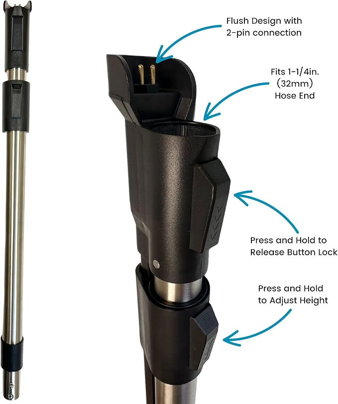 Wessel-Werk Telescopic Central Vacuum Wand with Cord Management, Stainless Steel Construction, Compatible with Electric Powerheads and Standard Gas Pump-Style Hose Handles (Enclosed Integrated Wiring)