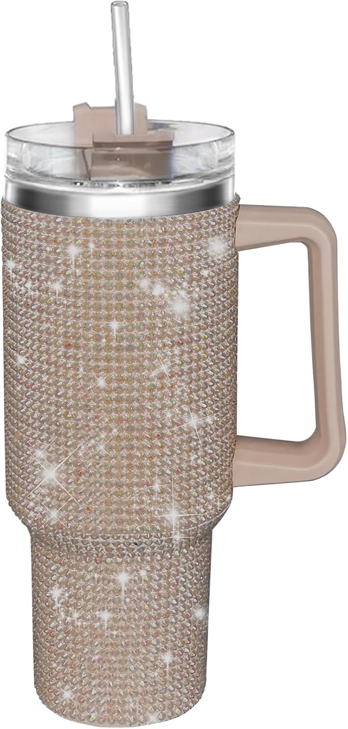 HWISDMIG 40oz Tumbler with Handle-Glitter Rhinestones Tumbler Bling Cups Stainless Steel Water Bottle Diamond Studded Tumbler for Women-Birthday Gifts for Women, Mom, Girlfriend (Brown)