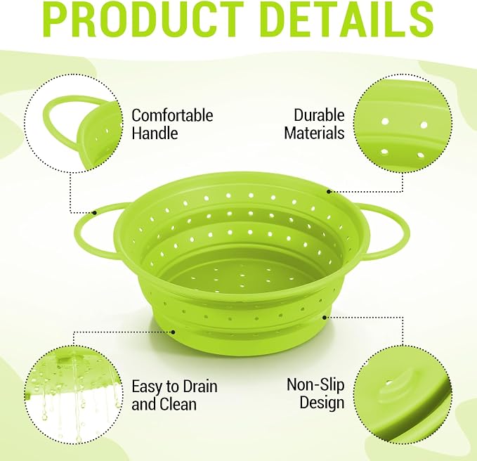 3 Pack Collapsible Colander with Strainer Bowl Set, 11 & 13 In BPA-Free Silicone Colanders for Kitchen, Heat-Resistant Strainer Dishwasher Safe Baskets for Vegetable Fruits (Green)