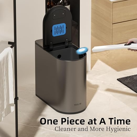 Bathroom Trash Can with Lid - Motion Sensor Smart Garbage Bin with Toilet Brush, 2 Gallon / 7L Small Automatic Trash Can, Odor-Control for Bathroom (Grey with Toilet Brush)