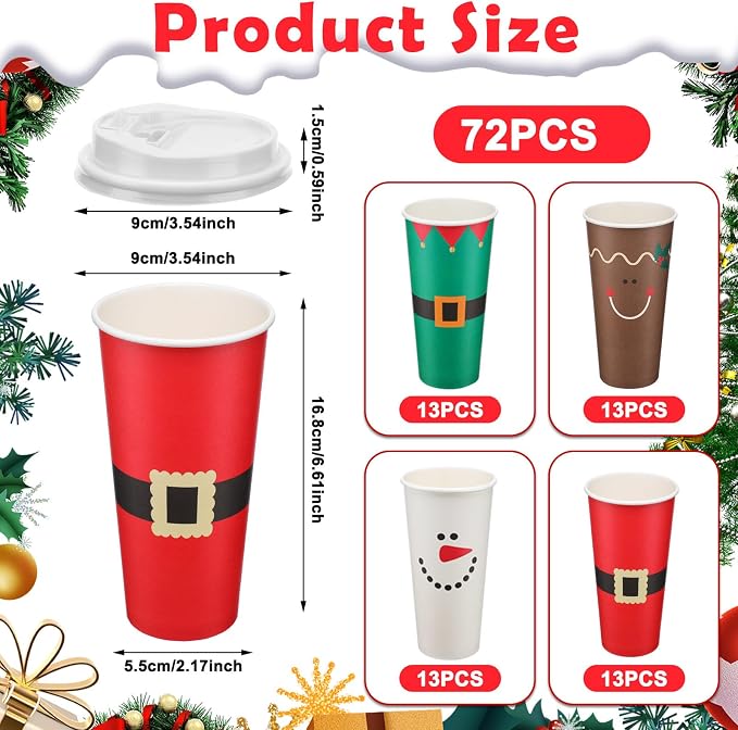 Dandat 20 oz 52 Pcs Christmas Coffee Paper Cups with Lids Disposable Christmas Paper Cups for Hot Cocoa Tea Beverage Holiday Xmas Party Supplies