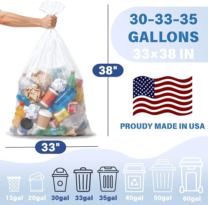 30 33 35 Gallon Clear Trash Bags, 250 Count High Density Garbage Bags, Made in USA, Recycling Trash Can Liners, Puncture-Resistant Plastic Waste Bags for Kitchens Yards Offices Commercial