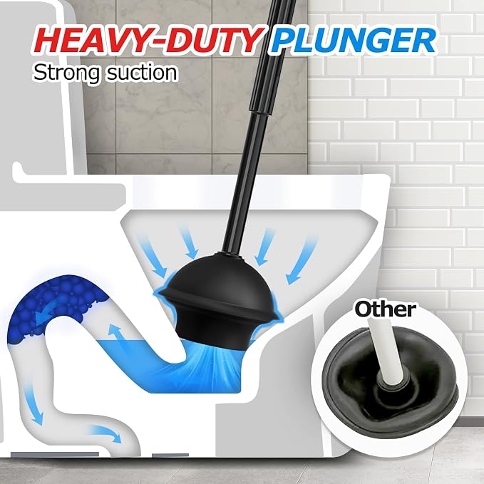 FORASTO 2Pack 2 in 1 Toilet Brush and Plunger Set, Extended Handle Plunger,Toilet Bowl Brush Plunger Set,Clean Gloves,Cleaning Tools,Cleaning Brush,Cleaning Supplies,Toilet Brush Plunger Combo,Black