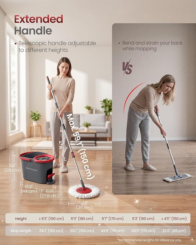 SONGMICS Spin Mop and Bucket Set with Pedal Wringer, Floor Cleaning Mop, Adjustable Telescopic Handle, Max. 59.1-Inch Length, 360° Rotating Head, 3 Microfiber Pads, Gray and Red ULMB002GT03