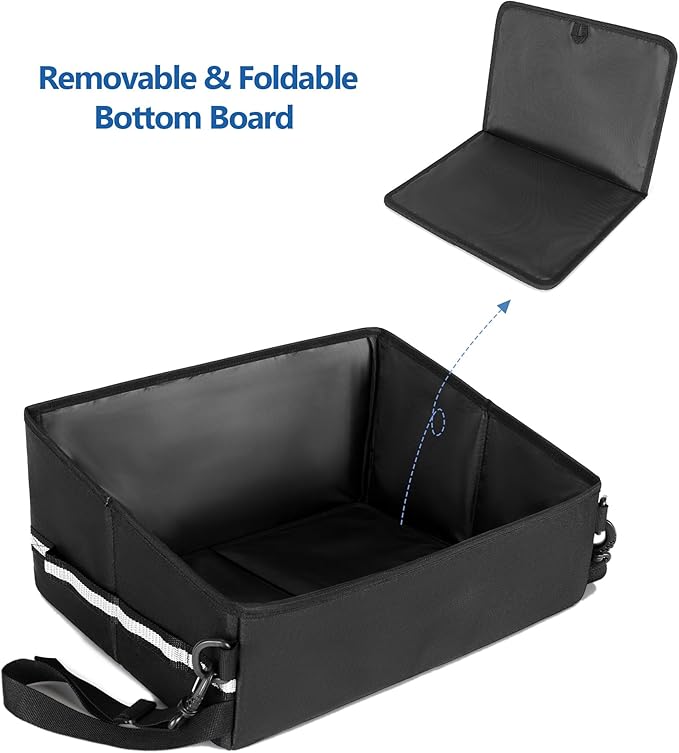 GRAOSO Under Seat Storage Fit for SuperCrew Cab, Foldable Truck Organizers and Storage Box Under Rear Seat For Single Seat with Removable Bottom Plate, 2 Side Handles and Hook Snap Fix Strap, Black