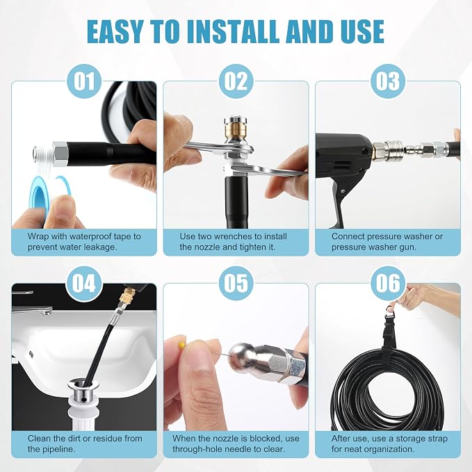 Sewer Jetter Kit for Pressure Washer 100FT, 5800 PSI Power Washer Drain Jetter Cleaner Hose with 1/4 Inch NPT Corner Rotating Nozzle and 4 Different Button Hose Sewer Jet Nozzles Cleaning Sewage Pipes