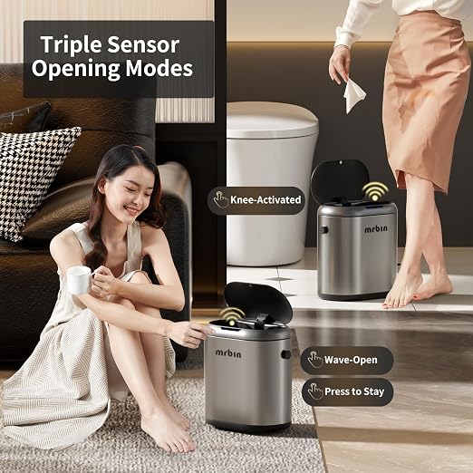 MRBIN Automatic Adsorption Metal Trash Can for Bathroom, Touchless Garbage Bin with Lid, 3.2 Gallon Slim Trash Can for Office and Bedroom, Electric Motion Sensor Waste Basket, Eclipse Grey