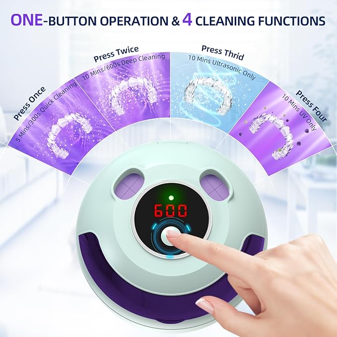 Ultrasonic Retainer Cleaner Machine, 45kHz Ultrasonic Denture Cleaner with 200ML Capacity & 4 Modes for Dental Cleaning Pod, Aligners, Mouthguards, Retainers, Jewelry, Green