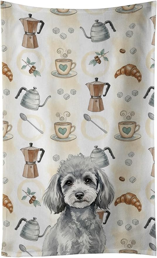 Caroline's Treasures Toy Silver Poodle Coffee Bar Kitchen Towel Velour Plush Front and Cotton Loop Back Machine Washable
