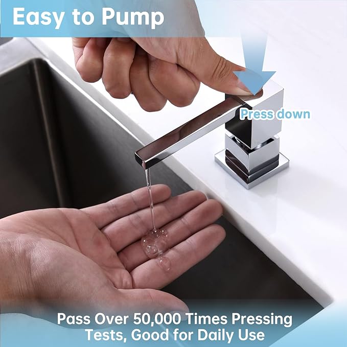 Dish Soap Dispenser Built in Sink Square Pump with 47'' Long Tube, Chrome Brass Pump Head for Kitchen Sink with 17 oz Bottle