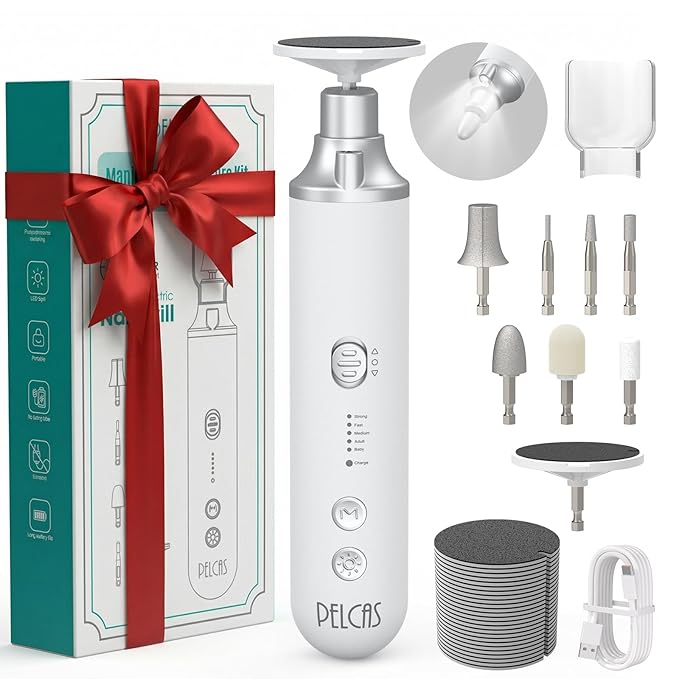 PELCAS 8 in 1 Electric Nail Filer with LED Light, Cordless Nail Drill, 5 Speeds Toenail Grinder for Thick Toenails, Manicure & Pedicure Kit for Foot Callus, Toenail, Thick Nails, Finger Nails Silver