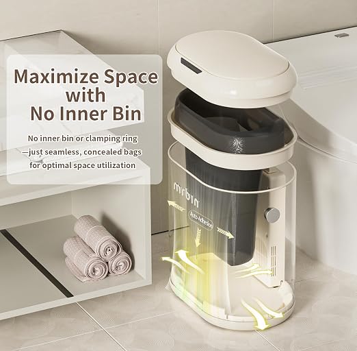 MRBIN Automatic Adsorption Metal Trash Can for Bathroom, Touchless Garbage Bin with Lid, 3.2 Gallon Slim Trash Can for Office and Bedroom, Electric Motion Sensor Waste Basket, Cream White