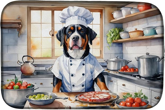 Caroline's Treasures DAC6262DDM Greater Swiss Mountain Dog The Chef Dish Drying Mat Absorbent Dish Drying Mat Pad for Kitchen Counter Dish Drainer Mat for Countertop, 14 x 21", Multicolor