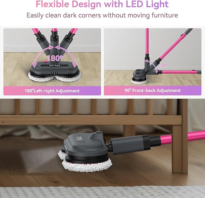 VMAI Cordless Electric Mop for Floor Cleaning,Water Sprayer Spin Mop with 300ML Water Tank,LED Lighting and Removable Battery,Up to 60mins Working Time for Hardwood Tile Laminate Marble Floor(Rose)