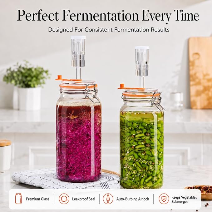 2L Wide Mouth Fermentation Jars, Pack of 2 Complete Fermenting Kit with Airlocks & Glass Weights for Sauerkraut, Kimchi & Pickles