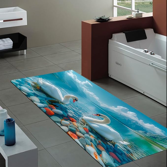 WODEJIA Non Slip Bath Rugs Sponge Foam for Bathroom,Flannel Mat Rug for Living Room, Absorbent MatS for Forlaundry Room and Kitchen,Swans On The Water Welcome Mat 47x18 Inches