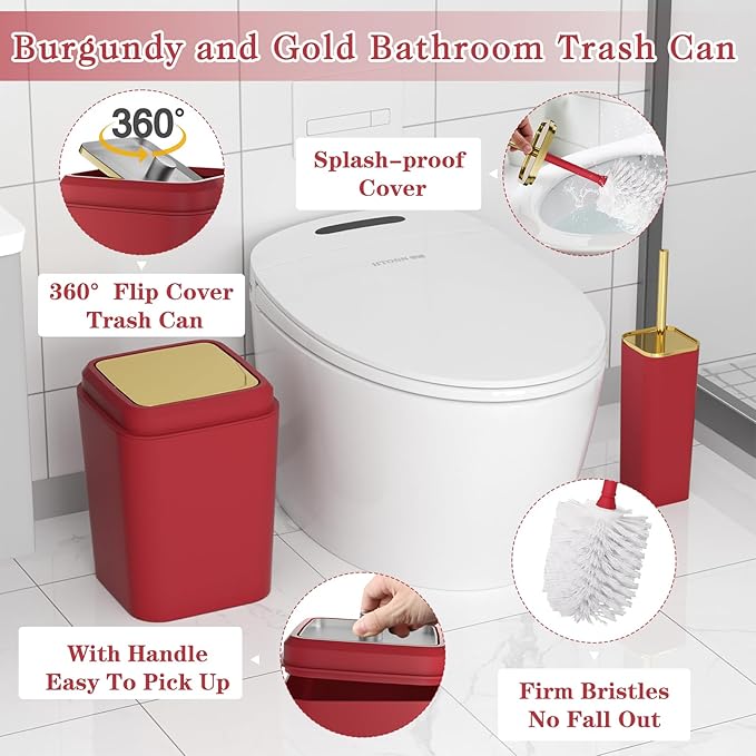 XLHOMO Dark Red Bathroom Accessory Set, 9-Piece Burgundy Bathroom Set with Trash Can, Toothbrush Holder, Toothbrush Cup,Soap Dispenser,Soap Dish,Toilet Brush Holder,2 Qtip Holder Dispensers and Tray
