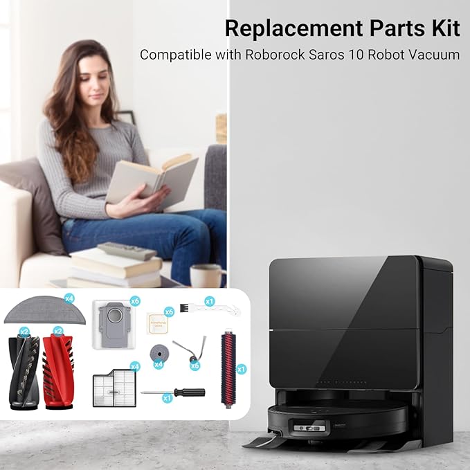 Replacement Kit for Roborock Saros 10 Robot Vacuum/G30 4 Main Brushes, 1 Base Station Brush, 4 Filters, D-Shaped & Round Mop Pads, 6 Side Brushes, 6 Dust Bags,1 Cleaning Brush
