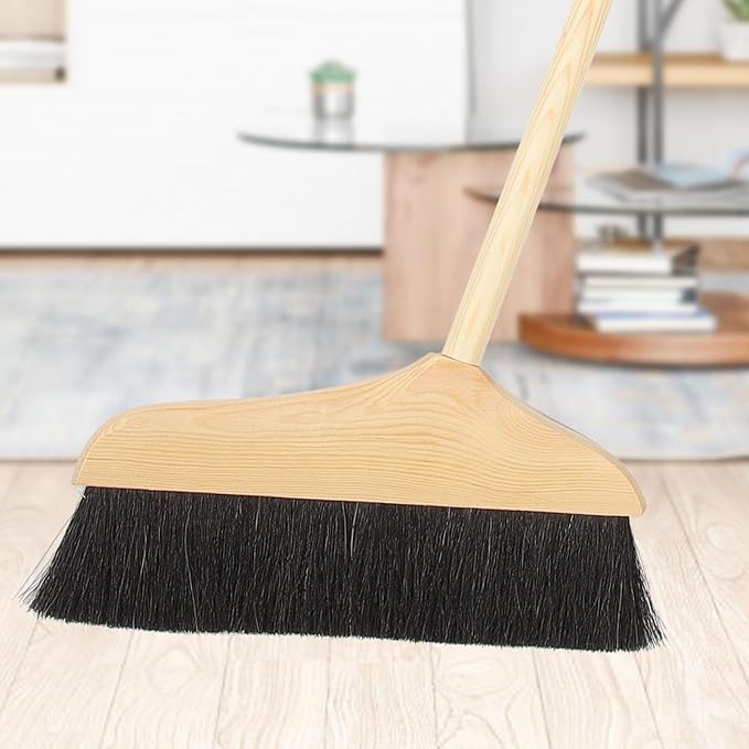 Wooden Handle Horsehair Broom, 90cm Soft Bristle Floor Sweeper for Wood, Linoleum, and Concrete, Anti-Static Indoor and Outdoor Broom, Ergonomic Long Handle