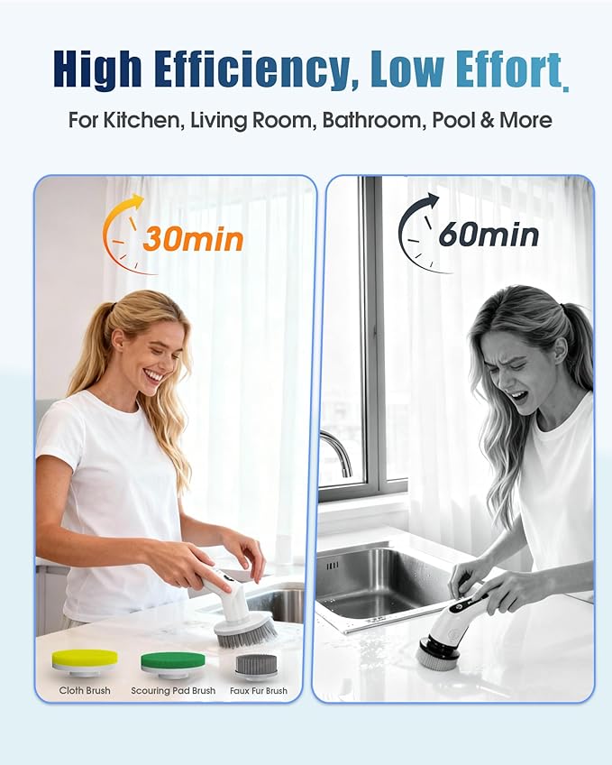 Electric Spin Scrubber, 2026 Electric Scrubber for Cleaning 4000mAh 2 Speed Shower Scrubber with Adjustable Handle IPX7 Waterproof Long Runtime Scrub Brush with 5 Heads for Bathroom Kitchen Tub