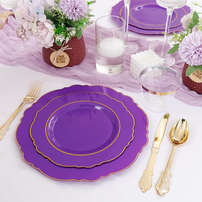 Liacere 350PCS Purple Plastic Plates-Disposable Purple and Gold Plates 50 guest Baroque Plastic Dinnerware include 100Plates,50Pack Pre Rolled Napkins with Silverware 50Cups for Wedding & Party