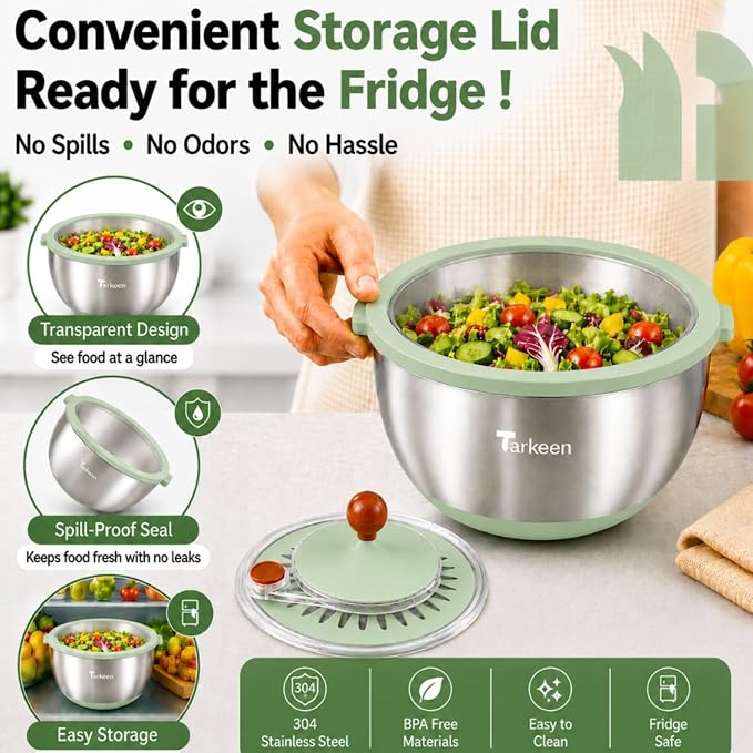 Stainless Steel Salad Spinner Large, BPA-Free Lettuce Spinner, 3-in-1 Salad Bowl & Fruit Cleaner with Non-Slip Base, Dishwasher Safe, 5 Blade Slicer & Egg Yolk Separator, 5.3Qt