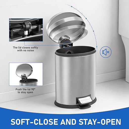 SIMPLYKLEEN Bathroom Trash Can with Lid - 2PC 1.3 Gallon/5L Oval Small Trash Can with Soft-Close Lid, Foot Pedal, Brushed Stainless Steel, Removable Liner, Garbage can for Kitchen, Office, Home Silver