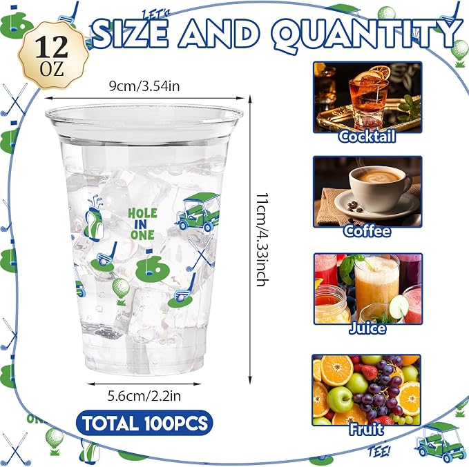 100Pcs Masters Golf Ball Plastic Party Cups, 12oz Blue Green Golf Disposable Clear Cups for Home Sports Party Decorations, Themed Birthday, Holiday Gatherings Favors