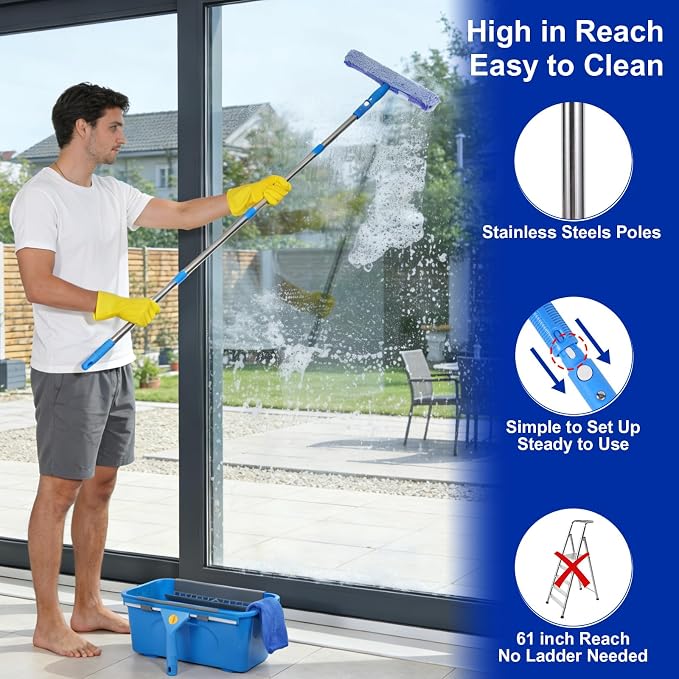 Professional Window Cleaning Kit, Window Washing Kit with 3 Gallon Bucket, 14-Inch Squeegee & 15-Inch Scrubber, 61-Inch Extendable Pole, Window Cleaning Equipment for Home & Commercial (61 inch-2)