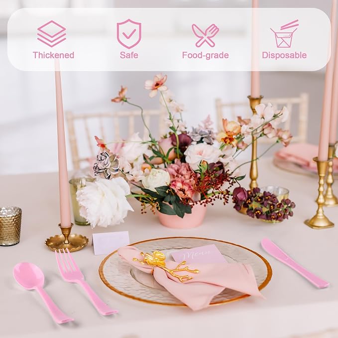 Kochorie 300 Pieces Graduation Light Pink Plastic Silverware Heavy Duty Plastic Cutlery Set Heavyweight Disposable Flatware Includes Spoons Forks Knives for Birthday Party Prom Night Wedding Dinner