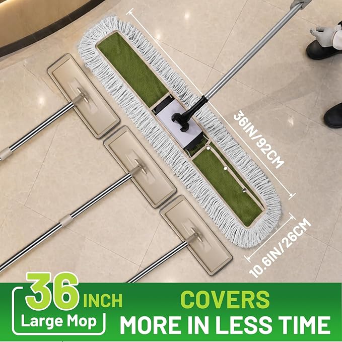 36" Commercial Dust Mop for Janitor: Wide Dust Broom Heavy Duty Industrial Floor Duster with 2 Large Pads for Hardwood Concrete Dry Floor Cleaning Gym Warehouse Sweeping