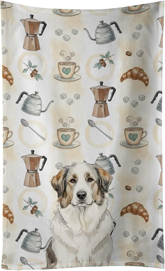 Caroline's Treasures Badger Great Pyrenees Coffee Bar Kitchen Towel Velour Plush Front and Cotton Loop Back Machine Washable