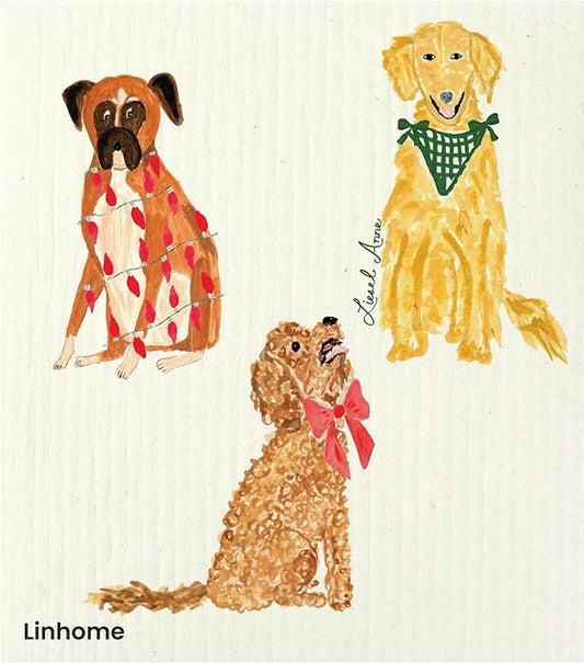 Christmas Holiday Swedish Dishcloth, Cats & Dogs Collection, Reusable Paper Towel, Super Absorbent Cellulose Sponge, Washable Kitchen Cleaning Cloth (Jolly Dog Trio - 1 Pack)
