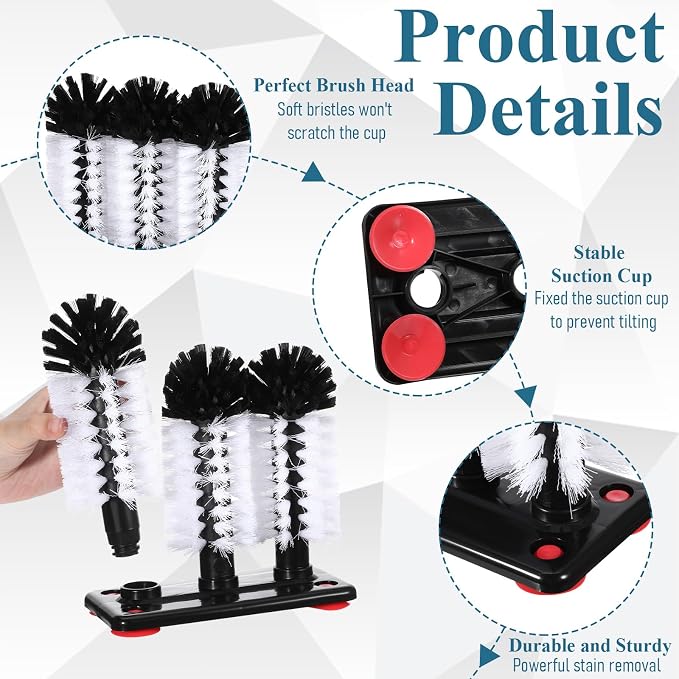 2 Pack Water Bottle Cleaning Brush with Suction Base, 3 Head Bristle Bar Glass Washer for Sink, Glass Cup Washer Brush Cleaner for Beer Cup, Long Leg Cup, Red Wine Glass Bar Kitchen Sink Tools