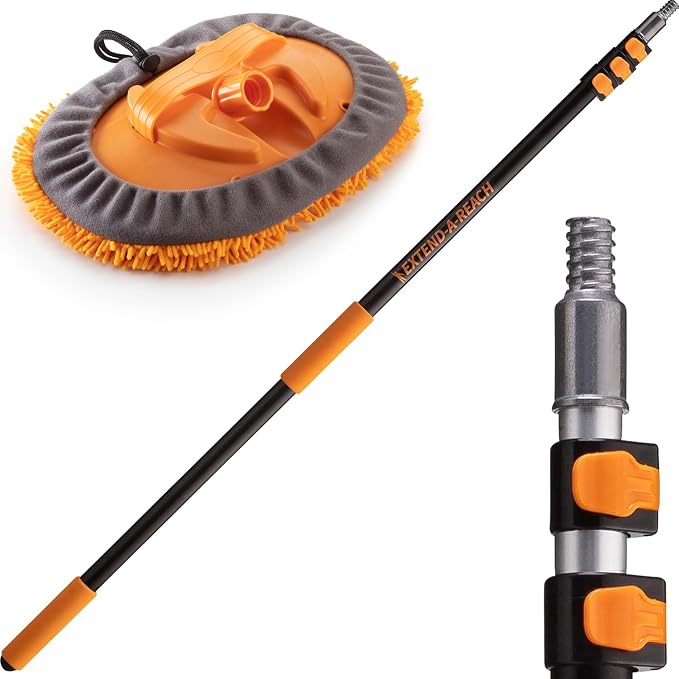 4-12 ft Long Telescopic Extension Pole with Wall Duster // Car Duster, Chenille Microfiber and Cleaning Head // Multi-purpose Extendable Pole with Universal Twist-on Metal Tip // Lightweight & Sturdy