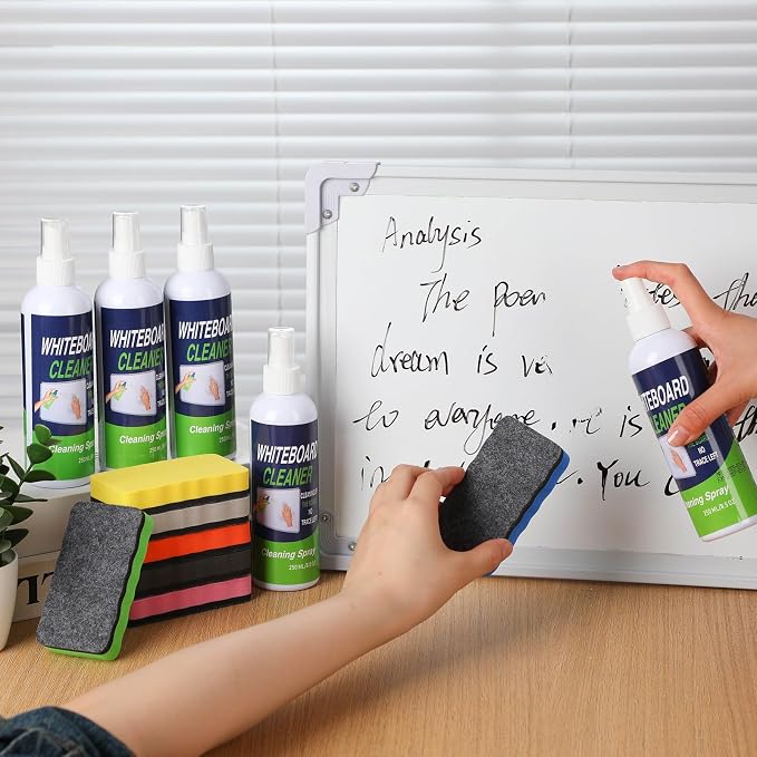 Fuyoooo 8 Pack Whiteboard Cleaner Set 8 Pcs 8.5 Fl oz Dry Erase Whiteboard Cleaning Spray Dry Erase Board Liquid Cleaner with 8 Pcs Magnetic Chalkboard Board Erasers for Classroom Home Office
